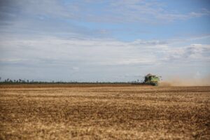 Tractor harvesting soybeans in a vast field under a clear sky in Paragominas, Brazil.